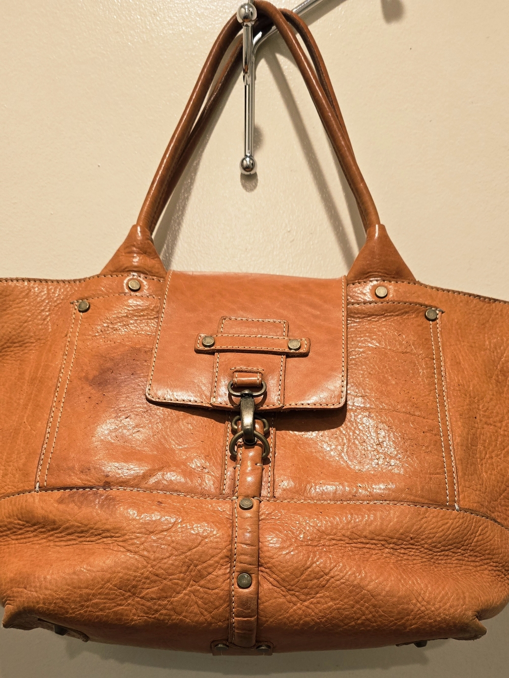 Structured Leather Tote in Cognac Orange